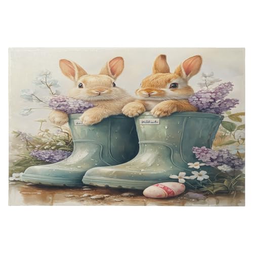 Two Bunnies in Rain Boots Doormat 20x32