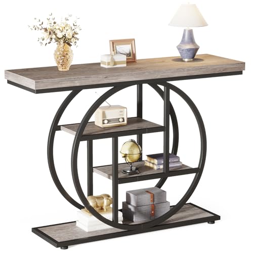 LITTLE TREE 41.3' Console Table, Industrial 4-Tier Sofa Table for Living Room, Wood Entryway Hallway Foyer Table with Black Metal Circle Base, Narrow Gray Accent Table with Storage Shelves