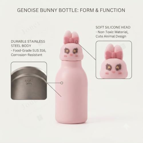 Image of JOUET Kids Stainless Steel Water Bottle 450ml with Pink Bunny Character Lid, Leakproof Straw Bottle for School, Travel & Daily Use