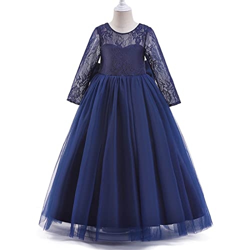 Vestido de renda infantil manga comprida vestido de menina primavera bordado laço princesa saia gran