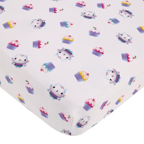 Image of Gabby's Dollhouse Gab-Tastic Purple and Pink Pandy Paws, Mercat, and Cakey 4 Piece Toddler Bed Set - Comforter, Fitted Bottom Sheet, Flat Top Sheet, and Reversible Pillowcase