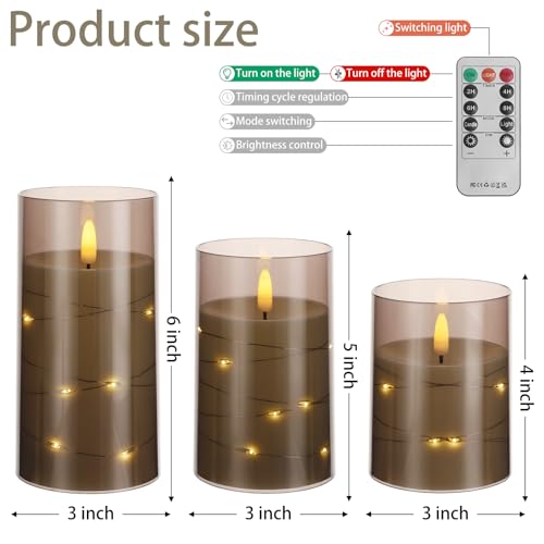 Image of Flickering Flameless Candles with Timer - Durable Acrylic Glass Shell, with Embedded Star String, Battery Operated Candles with Remote for Romantic Ambiance and Home Decoration (Set of 3, Grey)