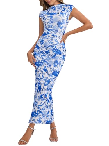 Image of HTZMO Floral Wedding Guest Ruched Bodycon Maxi Dress for Women | Cap Sleeve Slit Long Dresses, Fall Formal Cocktail Party Elegant Modest Bride Shower, Stretchy Mesh Fabric, Winter 2026