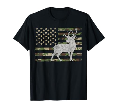Whitetail Buck Deer Hunting American Camuflaje Bandera de Estados Unidos Camiseta