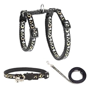 Escape Proof Cat Harness with Leash and Collar 3 Set, Nylon Adjustable H-shped Kitten Harness with Star and Moon Pattern Design for Walking (Black)