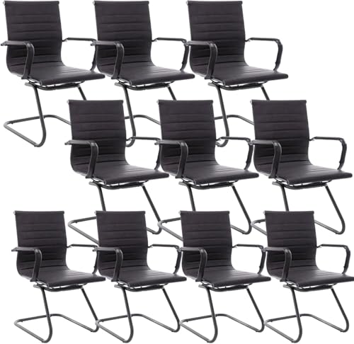Image of HNY Leather Office Guest Chairs & Reception Chairs Set of 10, Modern Waiting Room Chairs with Arms, Desk Chair no Wheels with Sled Base for Waiting Room /Conference Room, Retro Black