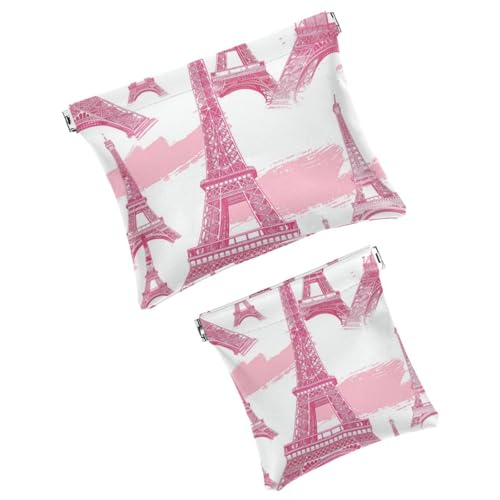 FNETJXF Lot de 2 sacs à cosmétiques en cuir synthétique, petite poche de maquillage, mini poche de voyage, mini rangement de voyage pour cosmétiques, tour Eiffel Paris, fleurs roses, Motif 2121,