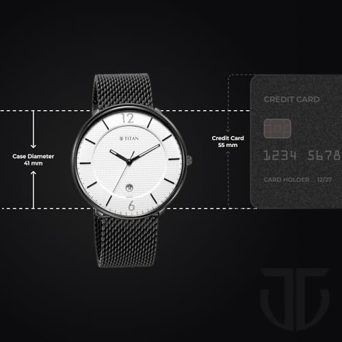Image of Titan Minimalist Quartz Analog with Date White Dial Black Stainless Steel Strap Watch for Men - NT1849NM01