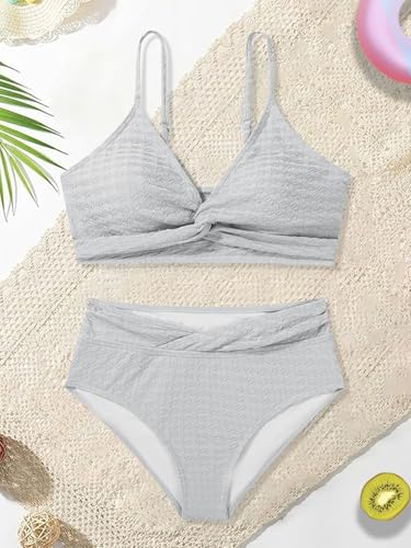 Image of Girls Swimsuit Solid Bathing Suit 2 Piece Twist Cross Adjustable Straps Soft Lining Bikini for Teen Girls with Chest Pad
