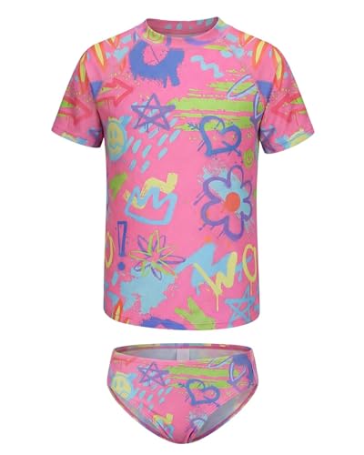 Image of Girls Two Piece Rash Guard Swimsuits Set Short Sleeve Bathing Suit for Kids Hawaiian Swimwear Set 3-16 Years
