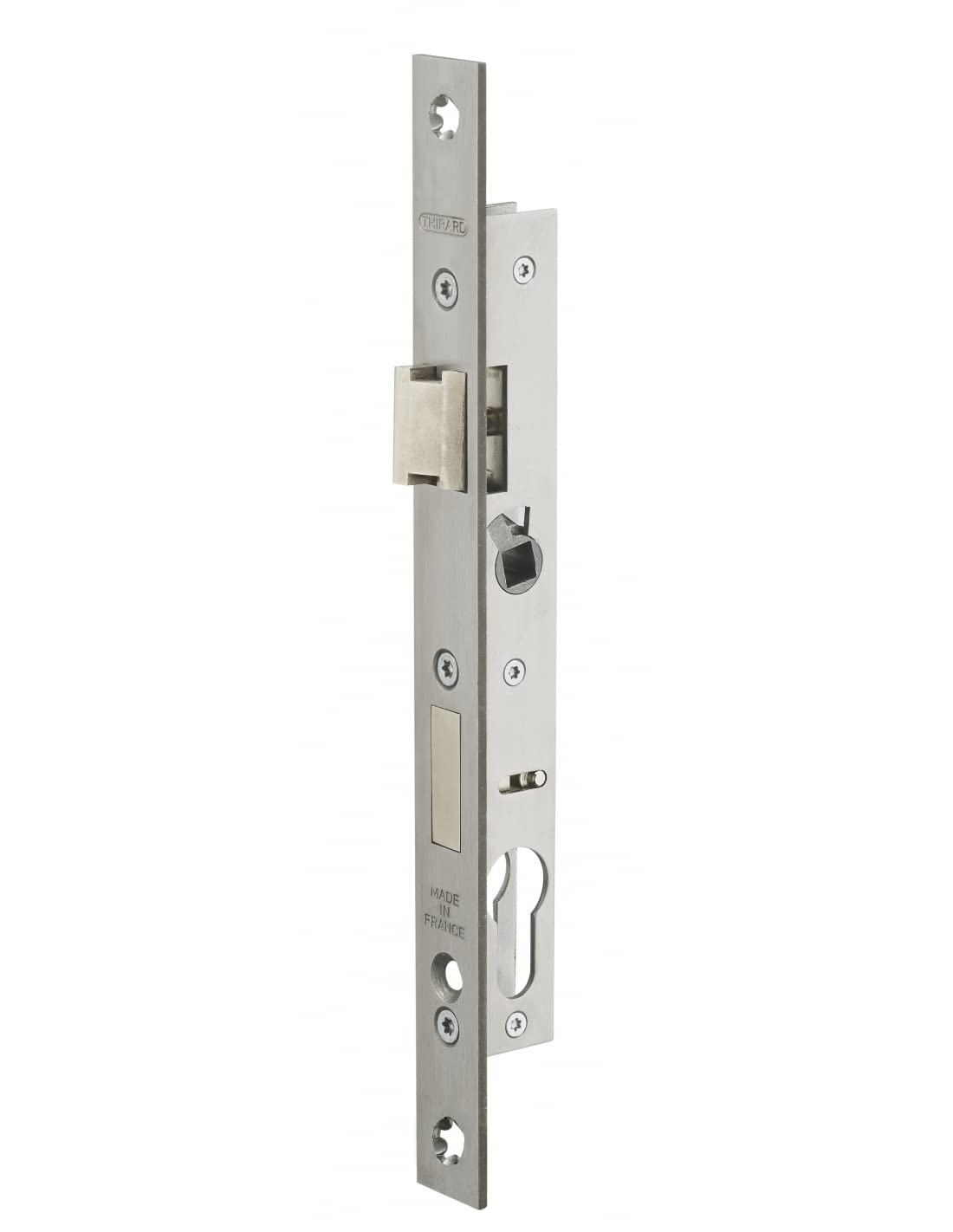 THIRARD - Boîtier de Serrure Encastrable à Cylindre pour Menuiserie Métallique - Axe 10.5 mm - Bouts Carrés - Inox - Coffre Acier Épaisseur 15 mm - Têtière Inox - Pêne Acier Nickelé - Gris