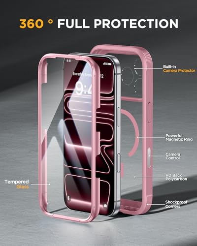 Image of Miracase Magnetic for iPhone 17 Pro Case 6.3 inch [Compatible with MagSafe] Full-Body Phone Case with Built-in Glass Screen Protector & Camera Control,Drop Proof iPhone 17 Pro Cover, Pink