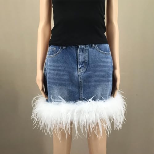 LVCOMEFF Women's Denim Skirt with Feather-Trimming Fringe High Waisted Mini Jean Skirt2