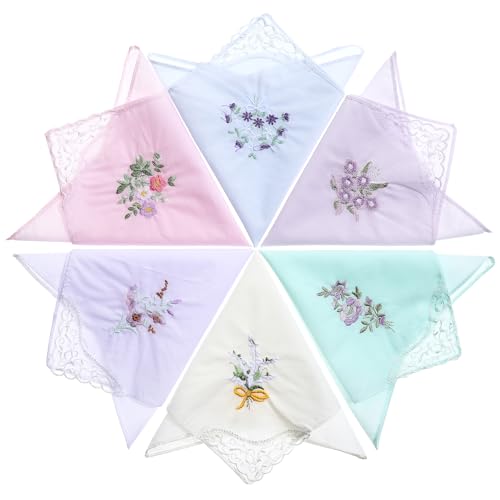 6 Pcs White Handkerchiefs for Women,Soft Cotton Blend Flower Embroidered Ladies Handkerchiefs, Elegant Vintage Floral Women's Handkerchief for Wedding Party(Multicolor)