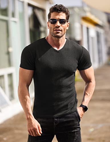 COOFANDY Men's Muscle T Shirts Stretch Short Sleeve V Neck Bodybuilding Workout Tee Shirts Ribbed Knit Shirt2