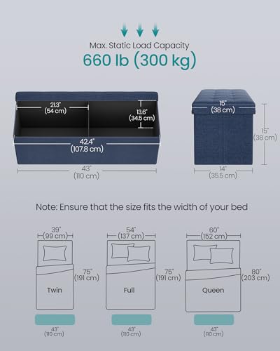Image of SONGMICS MAZIE Collection - 43 Inches Folding Storage Ottoman Bench, Ottoman Foot Rest, End of Bed Bench, Storage Chest, Load 660 lb, for Living Room, Bedroom, Entryway, Midnight Blue ULSF77IN