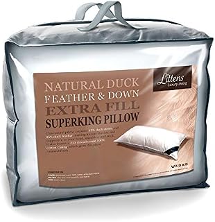 Littens Extra Filled 50cm x 90cm Luxury Super King Size White Duck Feather & Down Pillow 230TC 100% Cotton Casing, Down Proof (20" x 36")