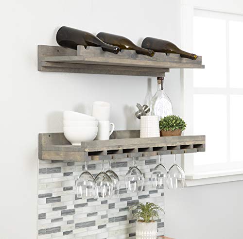 del Hutson Designs Rustic Luxe Tiered 36 Inch Real Solid Wood Wine Glass and Bottle Rack, Holds 16 Glasses and 8 Bottles, Set of 2 Shelves, Grey