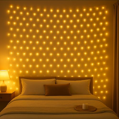 Image of LED Net Mesh String Lights for Diwali & Home Decoration | 192 LEDs, 9.8Ft x 6.6Ft | Curtain Fairy Lights for Balcony, Bedroom, Living Room, Christmas Decor, Jhalar Light, 8 Modes (Warm White)