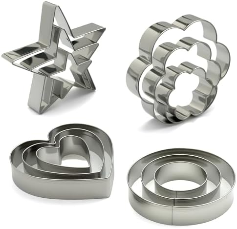 Stainless Steel Cookie Cutters Set 12Pcs - Heart, Flower, Round, Five Star Shapes - Small to Mini Size, Metal Biscuit Cutter Molds for Baking or Holiday Party Decorations