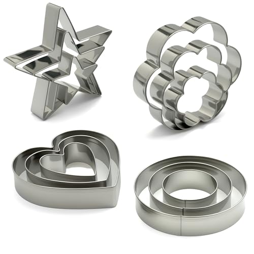 Stainless Steel Cookie Cutters Set 12Pcs - Heart, Flower, Round,
