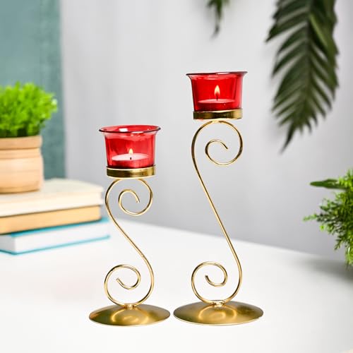 Image of Market99 Glossy Leaf T-Lite Holder Set of 2 | Decorative Metal Tealight Holders with Red Abstract Design | Elegant Candle Stand for Living Room, Balcony, Bedroom, Office & Festive Season Decoration