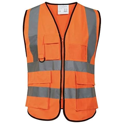Bright Yellow Orange Work Workers Safety Vest Clothing High Visibility Wear (Orange with Pockets, 4XL) Cover