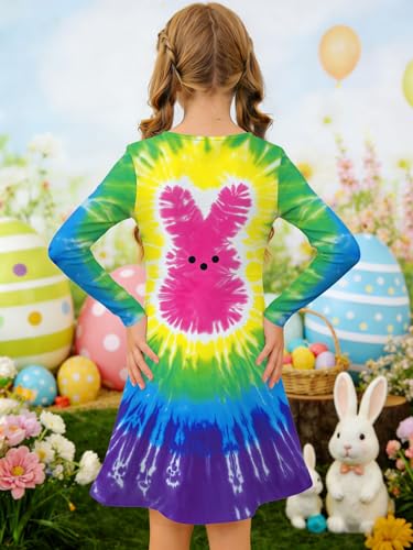 Image of Ithalt Girls Easter Dress Bunny Print Shirts Easter Long Sleeve Dresses Litter Girls Christian Easter Gifts 5-12y