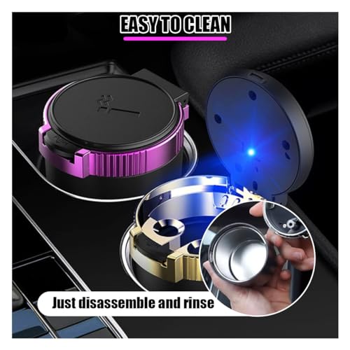 Image of Portable Car Ashtray with Lid, Stainless Detachable Mini Car Trash Can with LED Blue Light, Windproof Auto Truck Ashtray Cup Holder, Universal Smokeless Ashtray for Car Outdoor Travel Home (Purple)