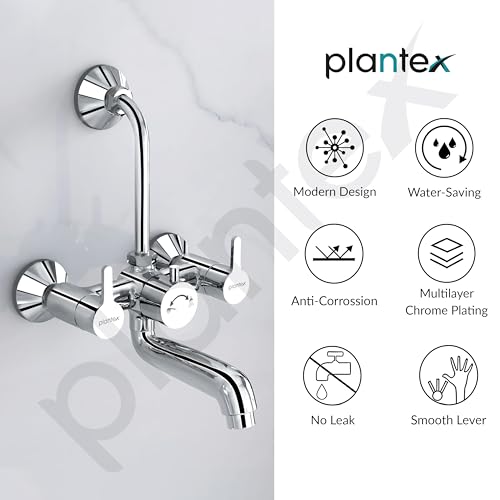 Image of Plantex Pure Brass Wall Mixer for Bathroom 2 in 1 with L-Bend Provision for Overhead Shower /Mixer Tap for Bathroom with Water Saving Nozzle Aerator - 7 Year Warranty by Plantex (Ore-1420, Chrome)