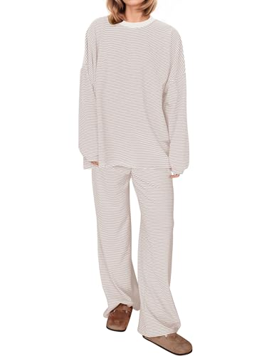 Image of MISSACTIVER Women's 2 Piece Striped Lounge Set Long Sleeve Oversized T-Shirt Wide Leg Pants Matching Pajamas Set