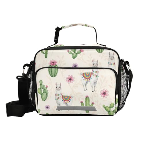 Cactus Llama Alpaca Kids Lunch Bags Flowers Lunch Box Insulated Cooler Bag Reusable Organizer Tote Bags with Adjustable Shoulder Strap for Girls Boys...