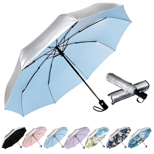 Image of SIEPASA Compact Travel Umbrella - Windproof Auto Open /Close, Small Folding Umbrella for Rain & Sun with UPF50+ - Lightweight Frame, Waterproof - Fits Backpack, Purse, Suitcase.(Silver /Blue)