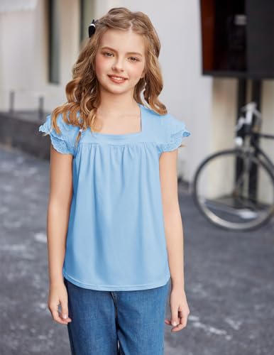 Image of Arshiner Girls Shirts Short Sleeve Square Neck Summer Lace Openwork Pleated Tops Blouse Tunic