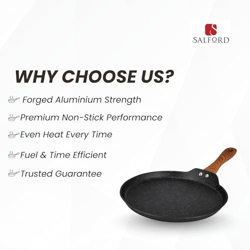 Image of SALFORD Forged Non-Stick Tava | 26 cm | Gas & Induction Base | Non-Toxic PFOA Free Coating | 1Y Warranty | Roti, Dosa, Pancake, Chilla | Wooden Finish Handle | Black Marble
