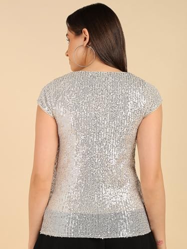 Image of Women's Beige Casual Dazzling Round Neck Embellished Sequin Party Top