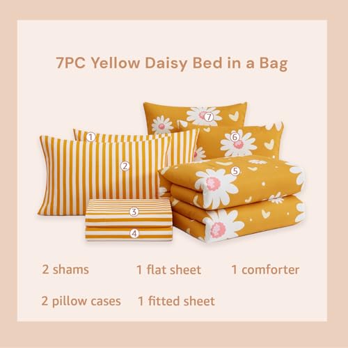 Image of Full Size Comforter Set for Girls Mustard Yellow Daisy 7 Pieces Bedding Set