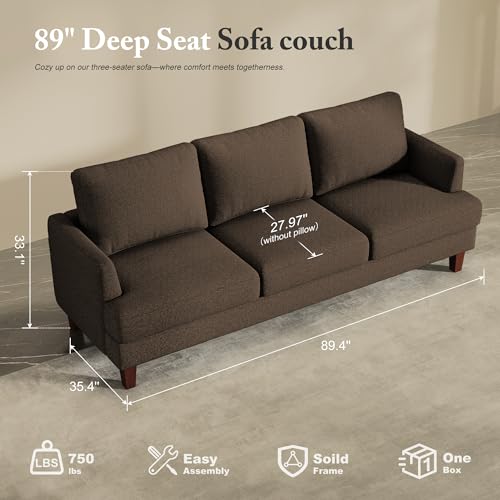 Image of Busaurus 3 Seater Sofa Couch with Deep Seats, 89 inch Mid Century Modern Upholstered Sofa with Armrests, Comfy Couches for Living Room, Bedroom and Office, Linen Fabric Apartment Couch (Linen Brown)