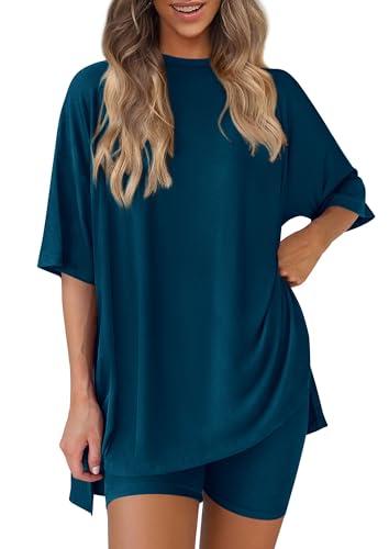 Image of PRETTYGARDEN Women 2 Piece Lounge Set 2026 Summer Casual Oversized Shirts Biker Shorts Matching Airport Travel Outfit Clothes