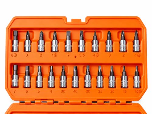 Image of 46 Pcs 1 /4 Inch Drive Ratchet Socket & Bit Set, Chrome Vanadium Steel Tool Kit with Knurled Sockets, Mirror Finish & Heavy Duty Grip Handle for Home, Garage & Workshop