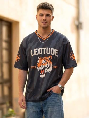 Image of LEOTUDE Men's Tiger Graphic Printed Oversized T-Shirt | Bold Red Sports Jersey Style Tee | V-Neck Half Sleeve Casual Streetwear for Men's (Color:Red)