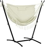 Outsunny Patio Hammock Chair with Stand, Outdoor Hammock Swing Hanging Lounge Chair with Side Pocket and Headrest, Cream