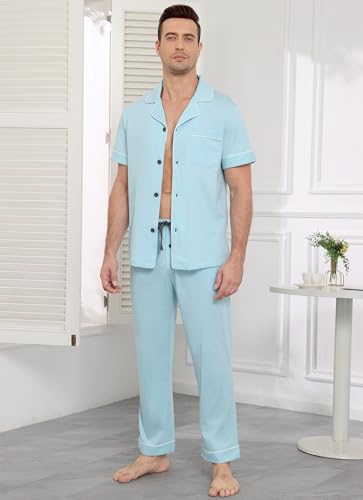 Image of COLORFULLEAF 100% Cotton Mens Pajamas Set Short Sleeve Loungewear with Long Pants Button Down Sleepwear Soft Comfy Pj for Men