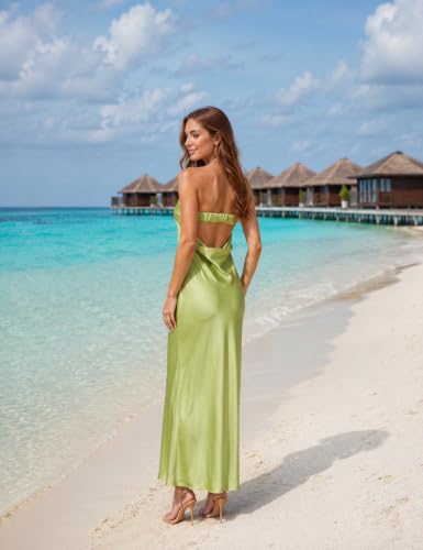 Image of Realtix Summer Satin Strapless Backless Maxi Dress for Women Wedding Guest
