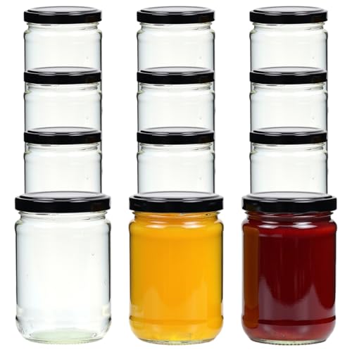 gouveo Lot de 12 pots à confiture 580 ml Classique avec couvercle à visser noir BS - Pots à provisions avec couvercle à visser TO82 - Pots à confiture et bocaux à conserves vides