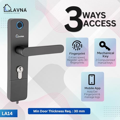 Image of LAVNA Digital Door Lock | 3 Way Access | Fingerprint, Mobile app, Key Access | 2 Locking Bolts | Suitable for 30 mm to 45mm Wooden Door fit with Right N Left Door Side (LA14, Smart)