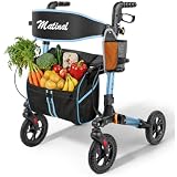 Rollator Faltbar mit Sitz für Senioren, Leichter Rollatoren, Faltbarer All-Terrain-Rollator mit Sitz, Leichtgewicht Aluminium mit 20 cm Gummirädern (Blau)