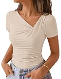 ZESICA Womens Summer Asymmetrical T Shirts Ruched Fitted Y2K Going Out Tops 2026 Spring Fashion Outfits Casual Work Blouse, Sand, S