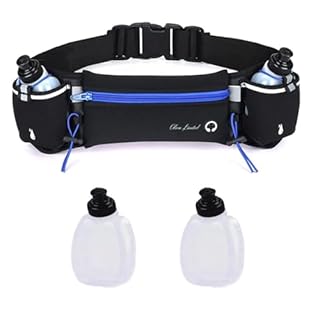 Hydration Running Belt with 2 Water Bottles for Men & Women – No-Bounce Adjustable Waist Pack, Fits Large Phones up to 6.6”, Running, Walking & Hiking, Reflective Strips (Blue)