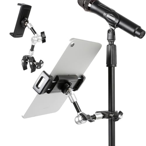 FPN Tablet Holder for Microphone Stand, Aluminum Mic Music Stand Mount for iPad and iPhone, Adjustable Tablet Holder with Super Handle Clamp Compatible with 4.7 to 13 inch Tablets & Phones